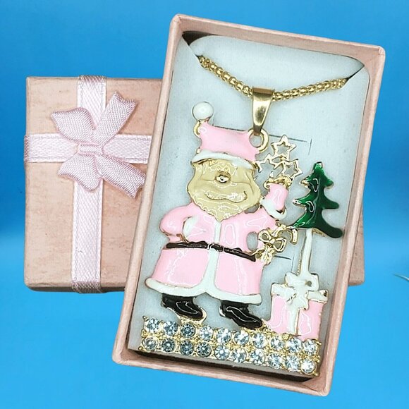Pink Santa Claus Christmas Tree Necklace with Gift Boxed Christmas Holiday - Picture 1 of 5